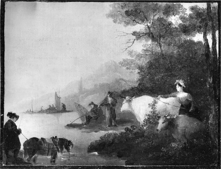 Paesaggio fluviale con contadini e pescatori